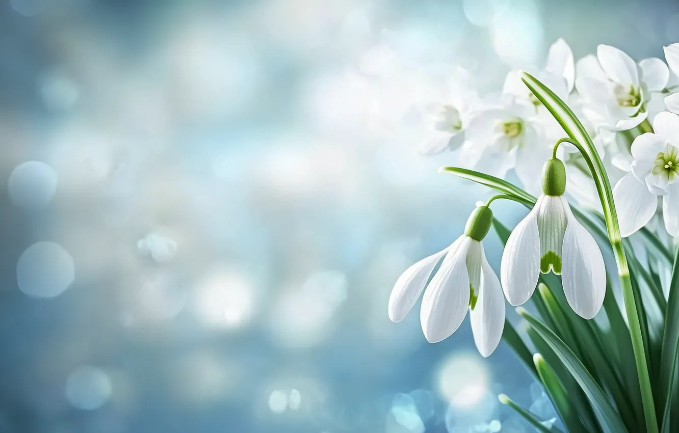 Photo wallpaper flowers, bouquet, texture, spring, snowdrops, white, blue background, bokeh