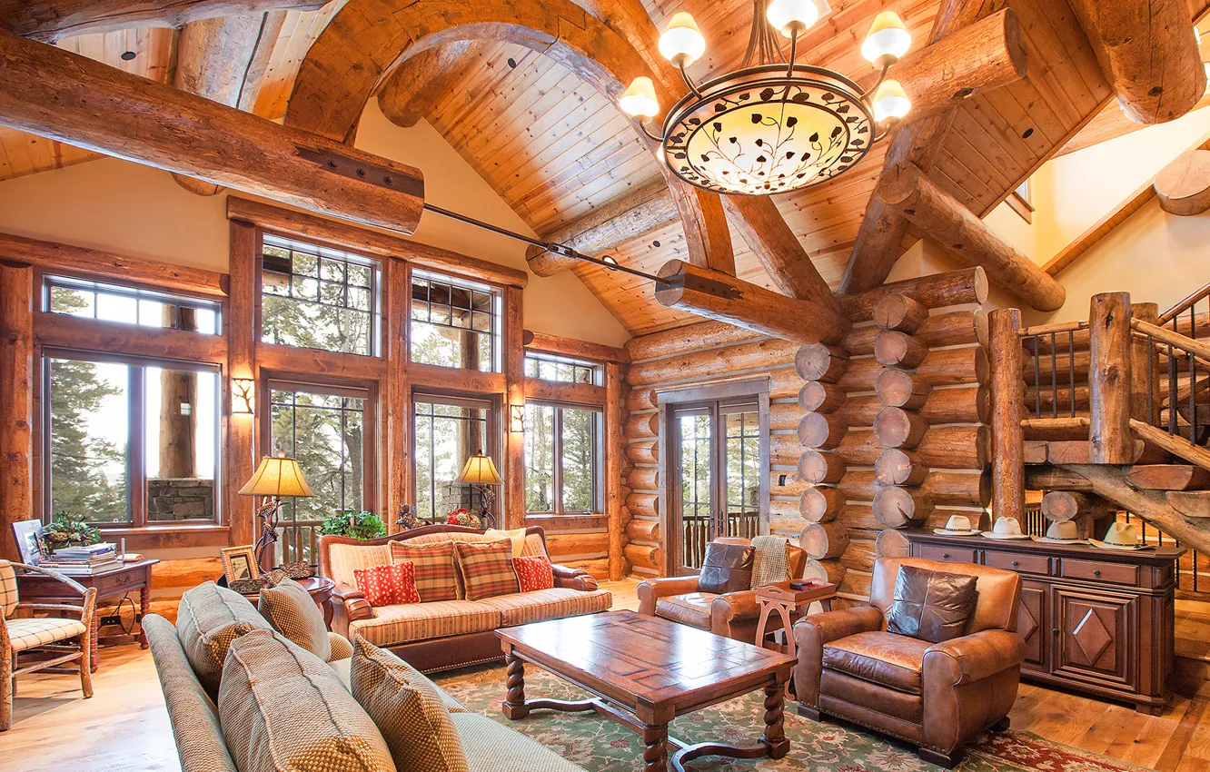 Photo wallpaper interior, log home, great room