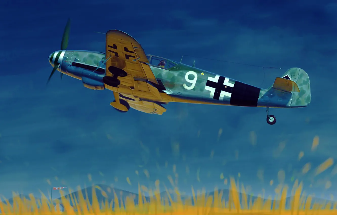 Photo wallpaper war, art, airplane, painting, aviation, ww2, Messerschmitt Bf 109G-10