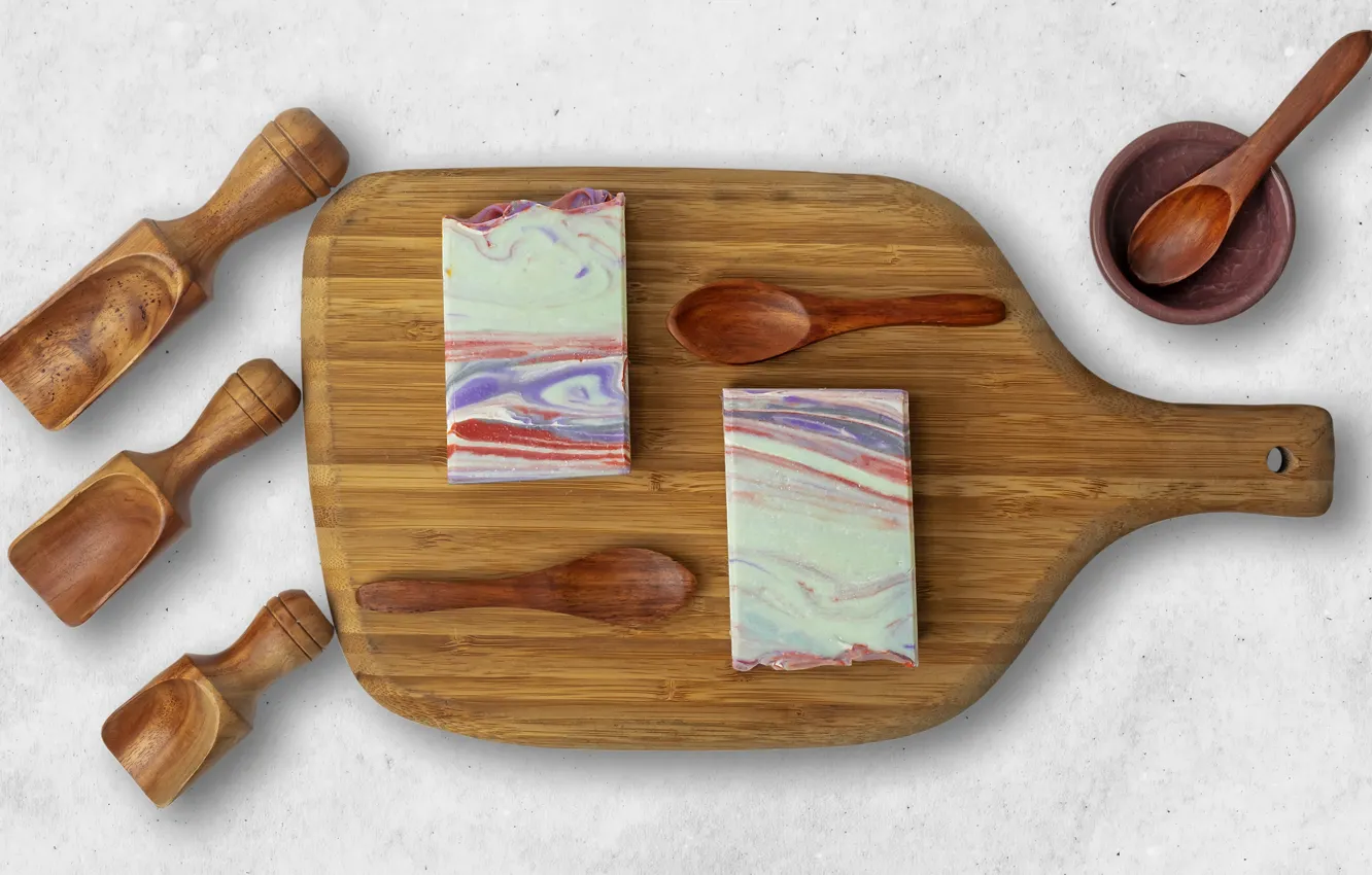 Photo wallpaper line, table, divorce, soap, spoon, wooden, light background, cutting Board