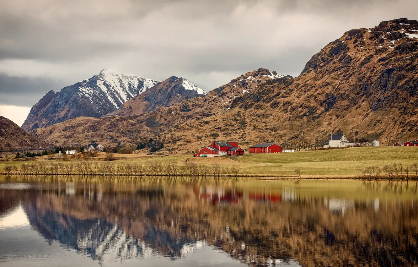 Photo wallpaper clouds, trees, mountains, shore, Norway, Bay, houses, the bushes