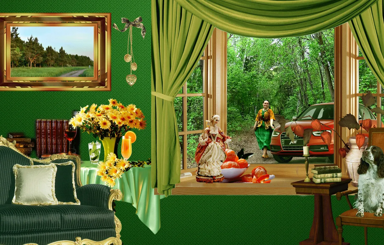 Photo wallpaper machine, girl, nature, interior, dog, window, girl, nature