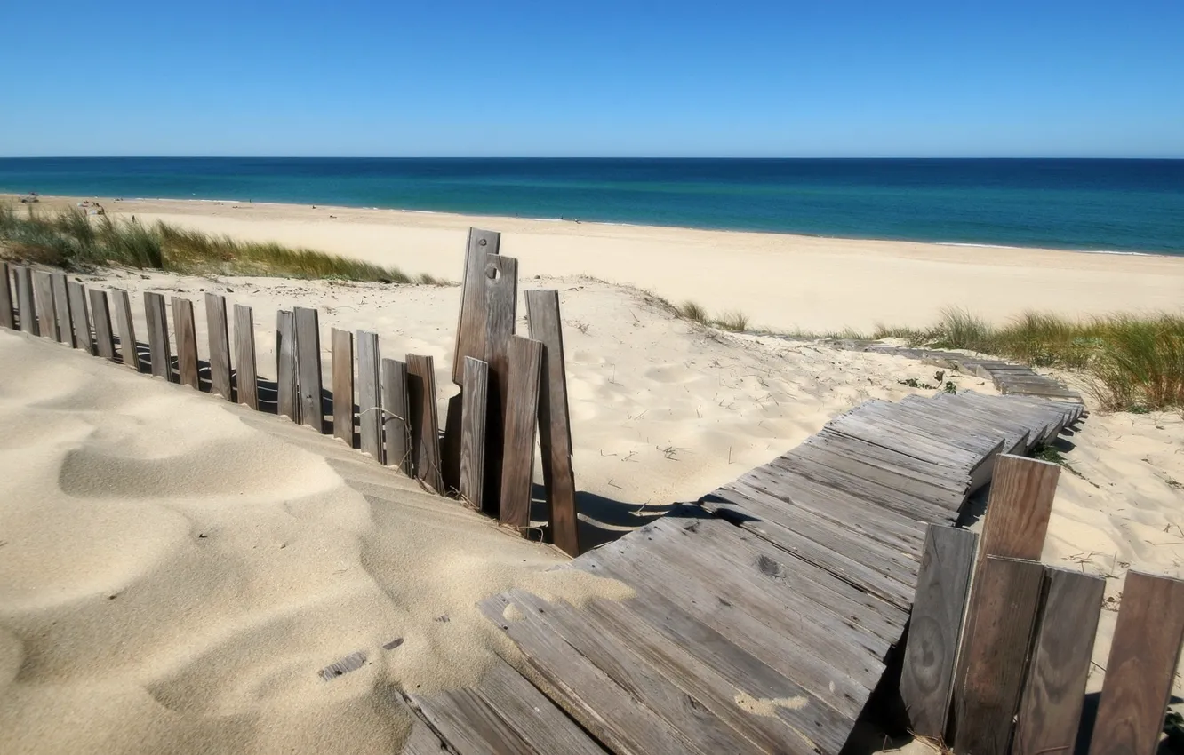 Photo wallpaper beach, wooden fence, and the blue ocean