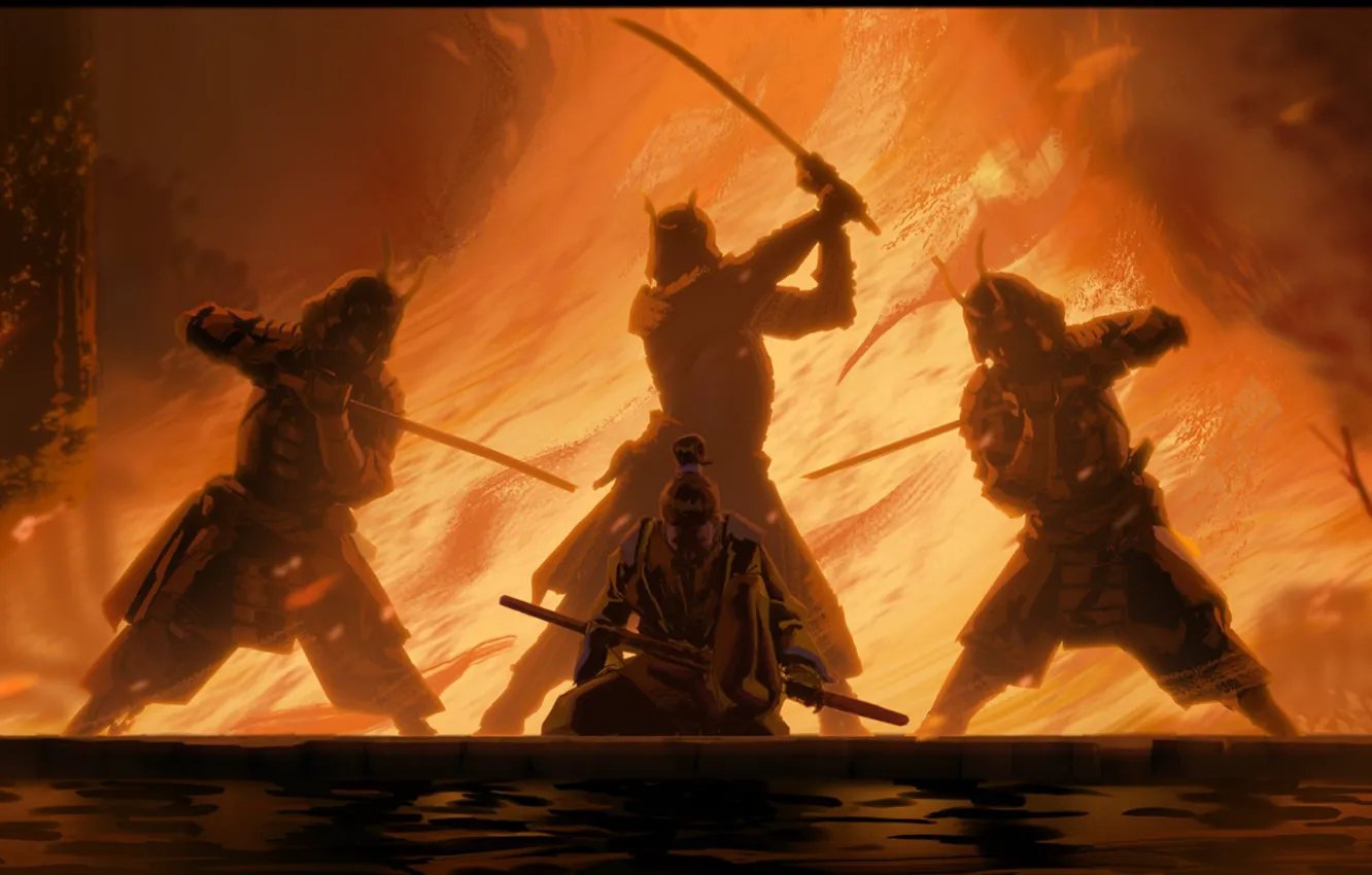 Photo wallpaper fire, sword, fantasy, weapon, katana, fight, men, digital art