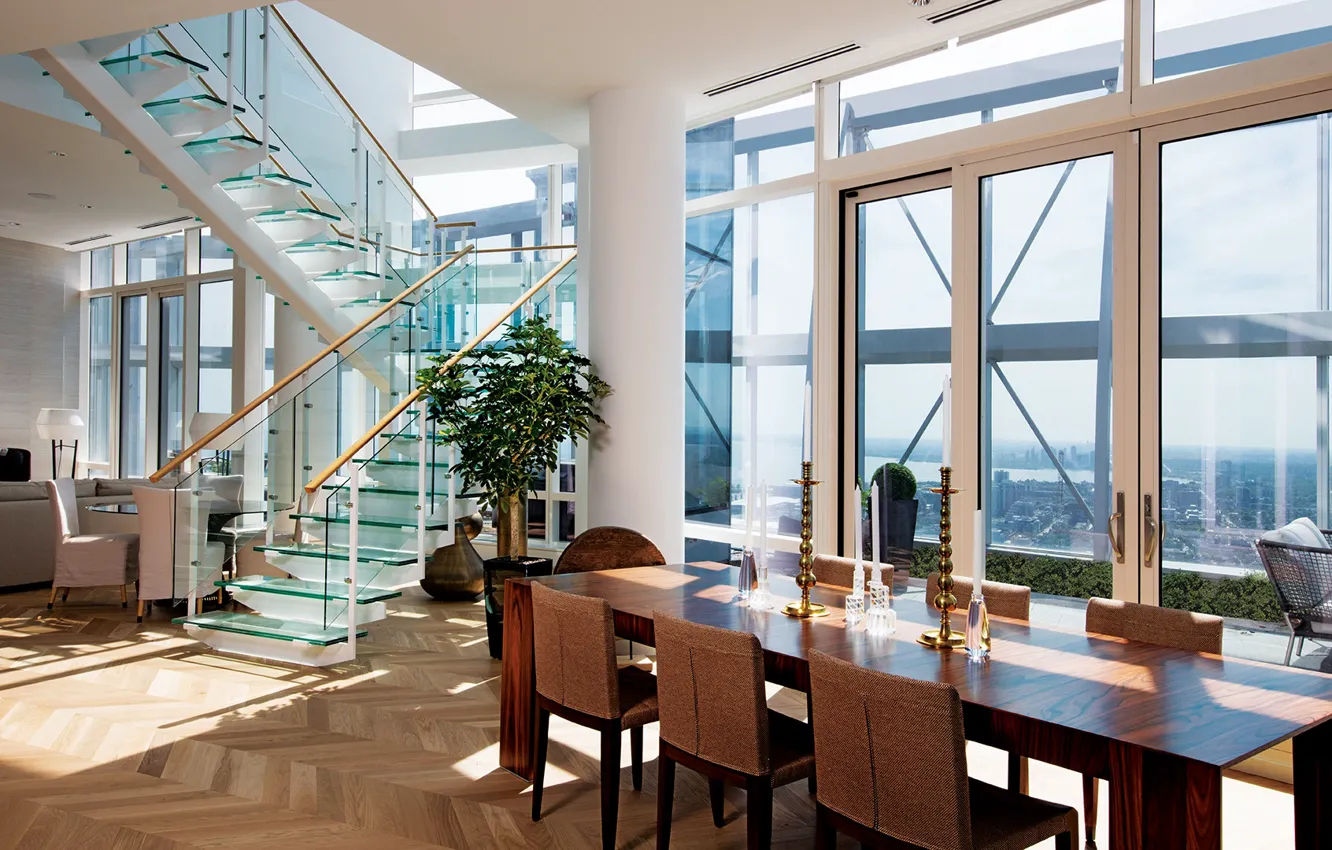 Photo wallpaper design, style, interior, living room, dining room, Suite in the penthouse "Shangri La", glass staircase, …