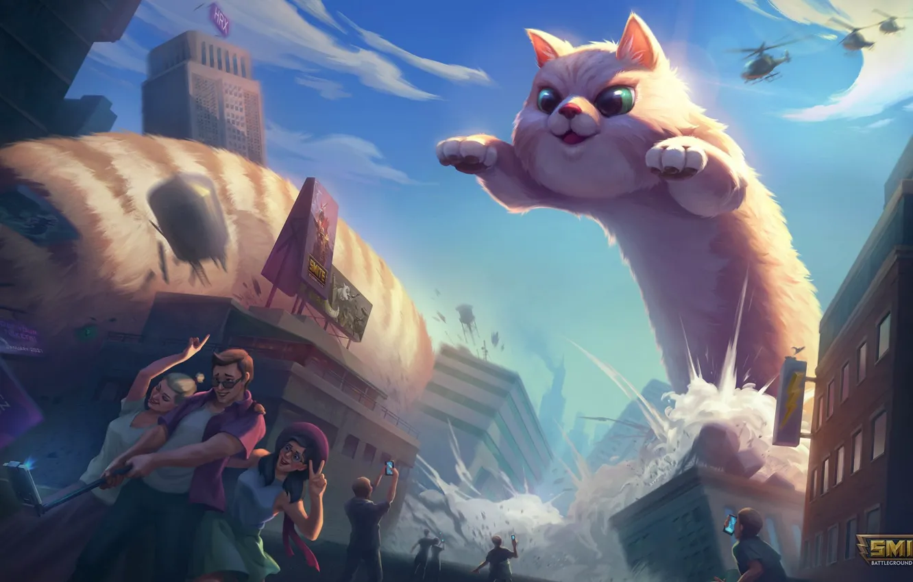 Photo wallpaper cat, the city, people, giant, selfie, Smite, Jormungandr