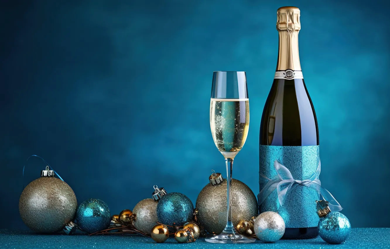 Photo wallpaper decoration, gold, balls, glass, new year, golden, champagne, Christmas