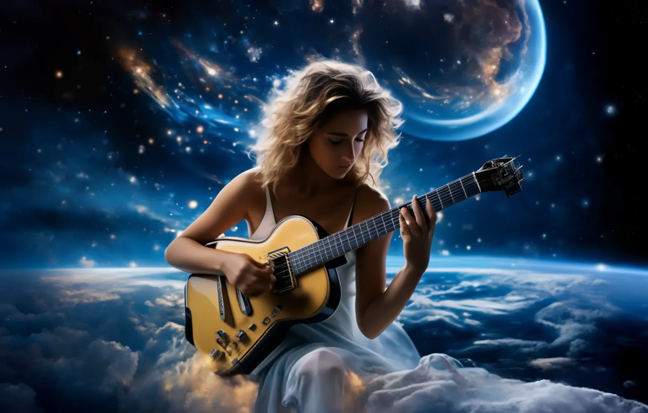 Photo wallpaper girl, space, stars, music, fiction, earth, the universe, guitar