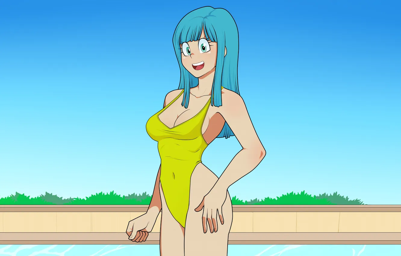 Photo wallpaper girl, sexy, pool, cleavage, long hair, boobs, sexy girl, anime