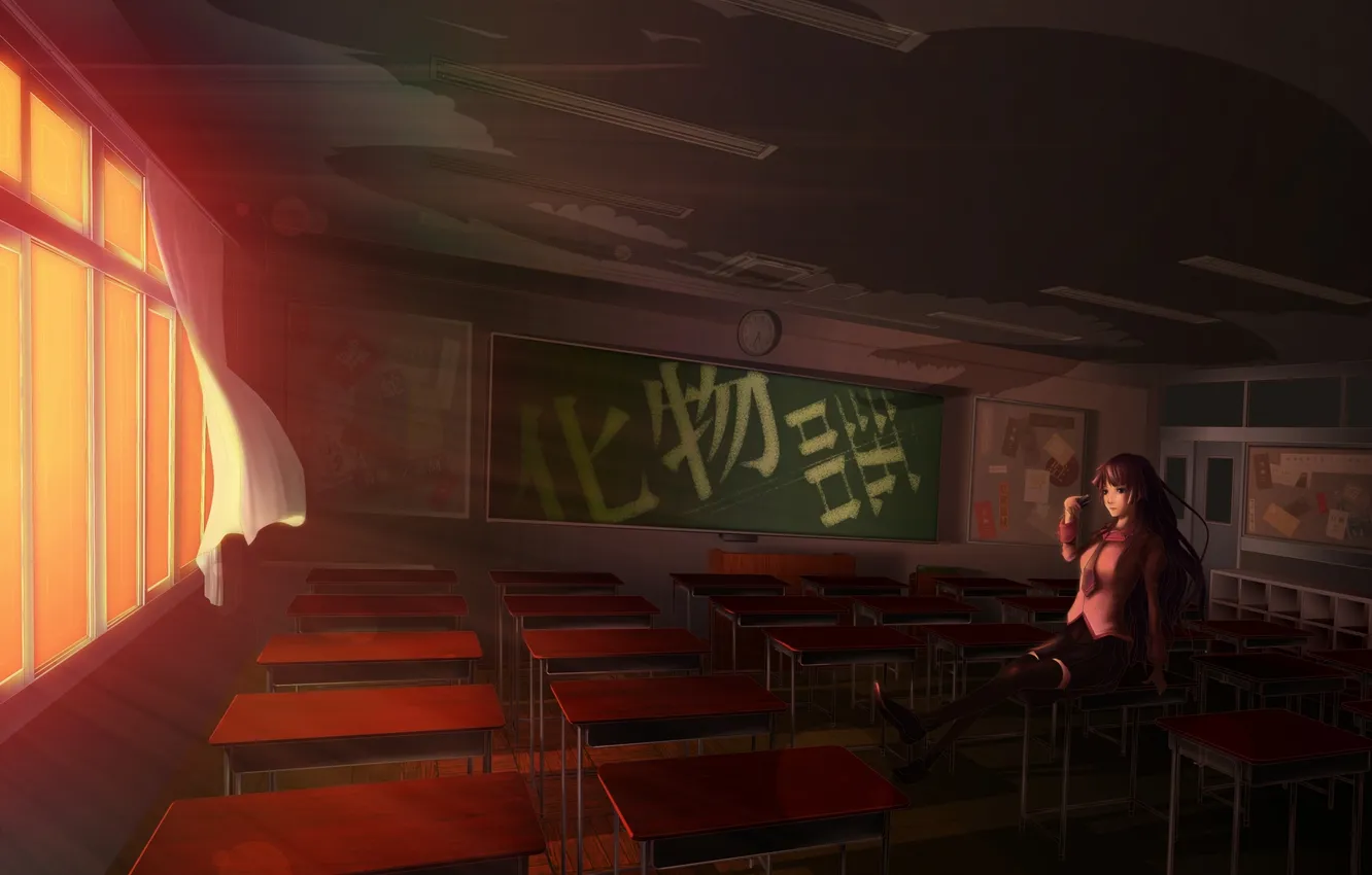 Photo wallpaper dawn, Board, anime, art, class, school, bakemonogatari, desks