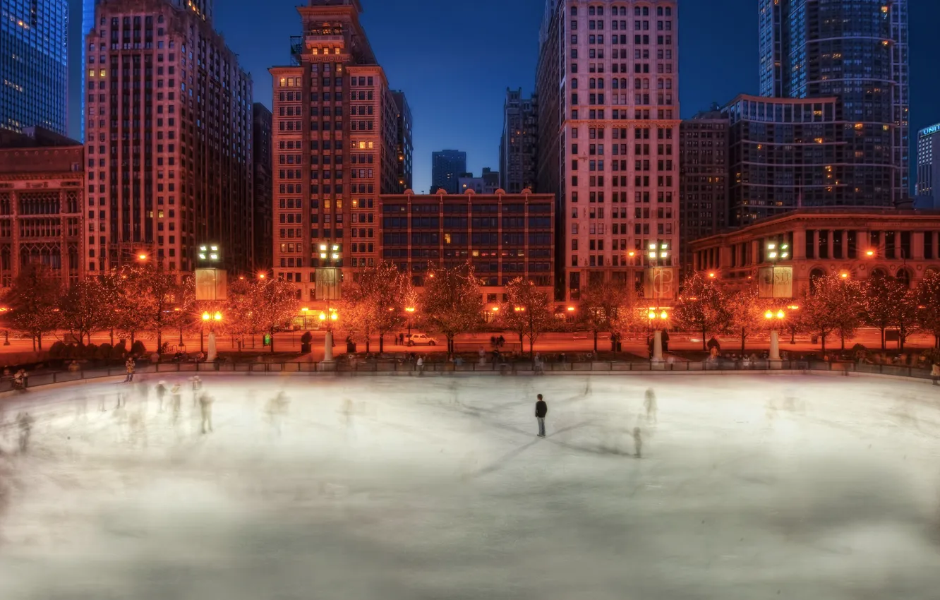 Photo wallpaper winter, the city, the evening, Chicago, rink, USA, Chicago, illinois