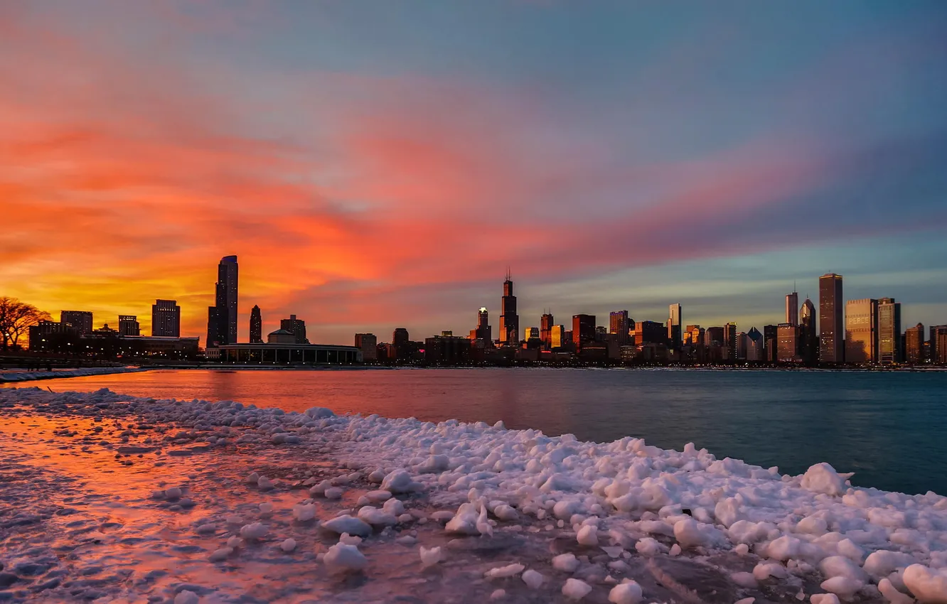 Photo wallpaper the sky, sunset, skyscrapers, the evening, Chicago, USA, Chicago, megapolis