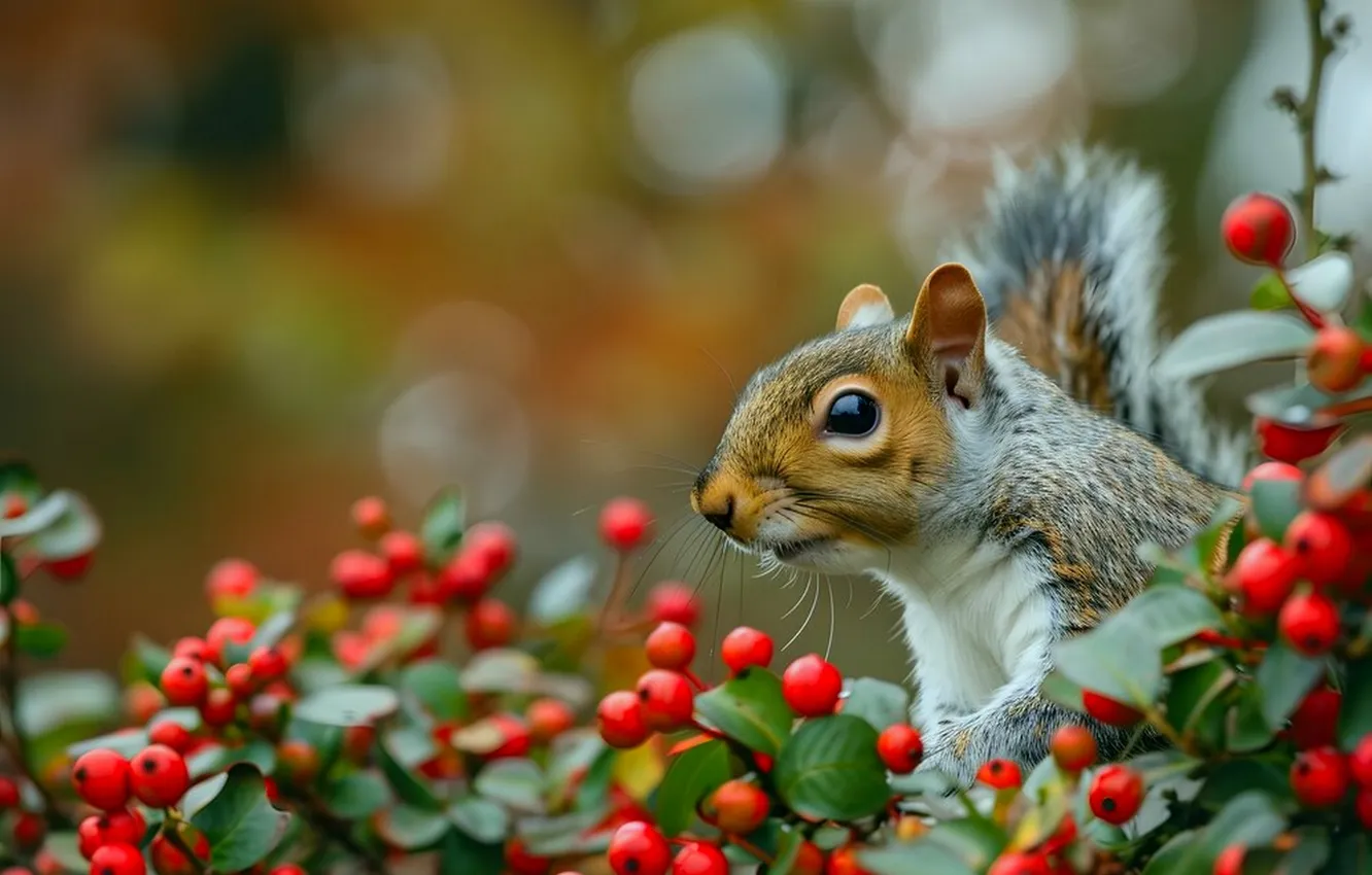 Photo wallpaper red berries, Fox, the Chipmunk, generated by AI