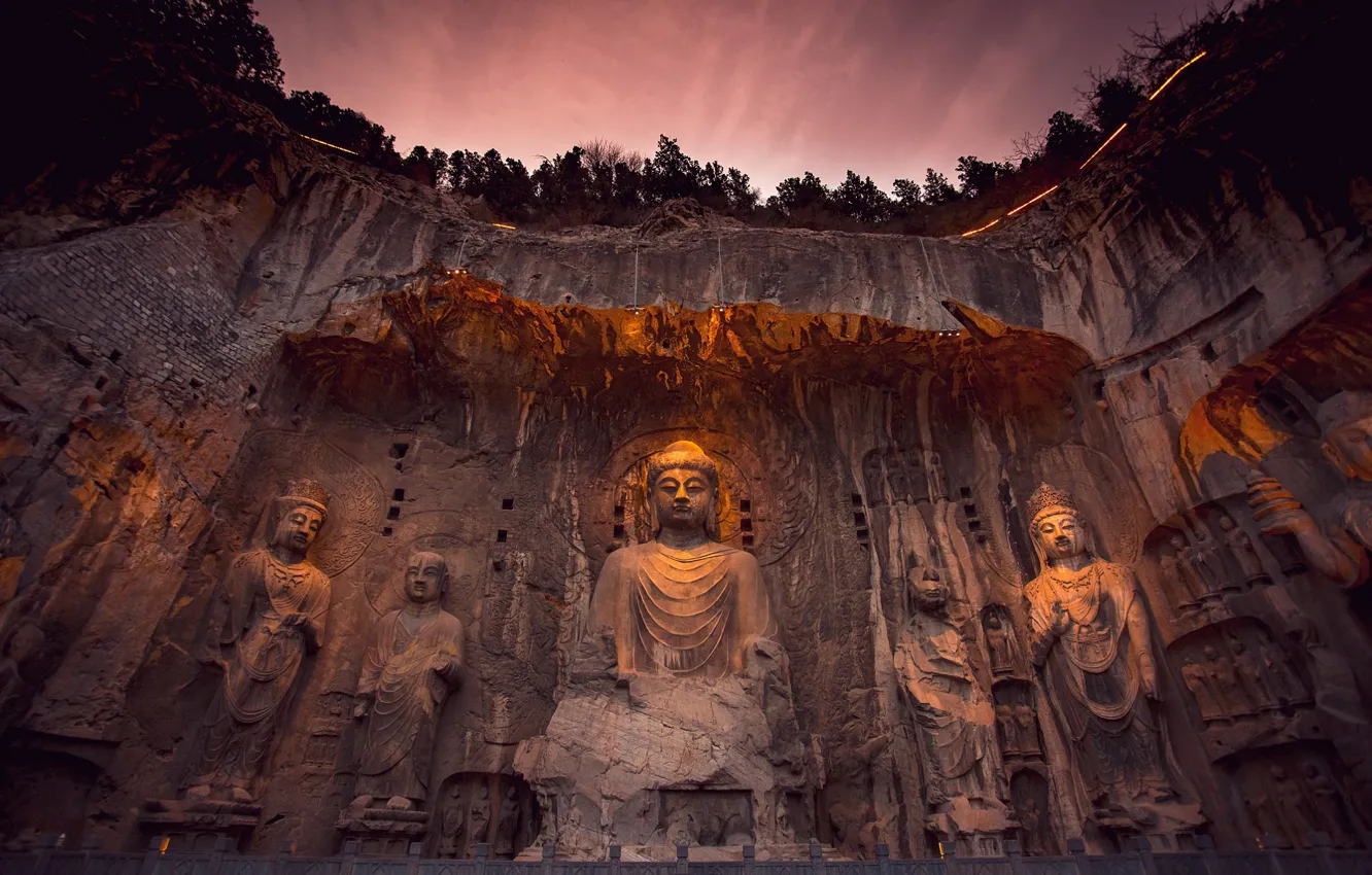 Photo wallpaper China, backlight, China, Buddha statue, Longmen, Buddha Statue