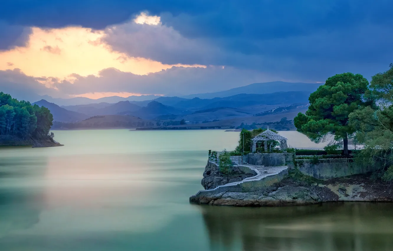 Photo wallpaper trees, mountains, lake, the evening, Spain, gazebo, Spain, Malaga
