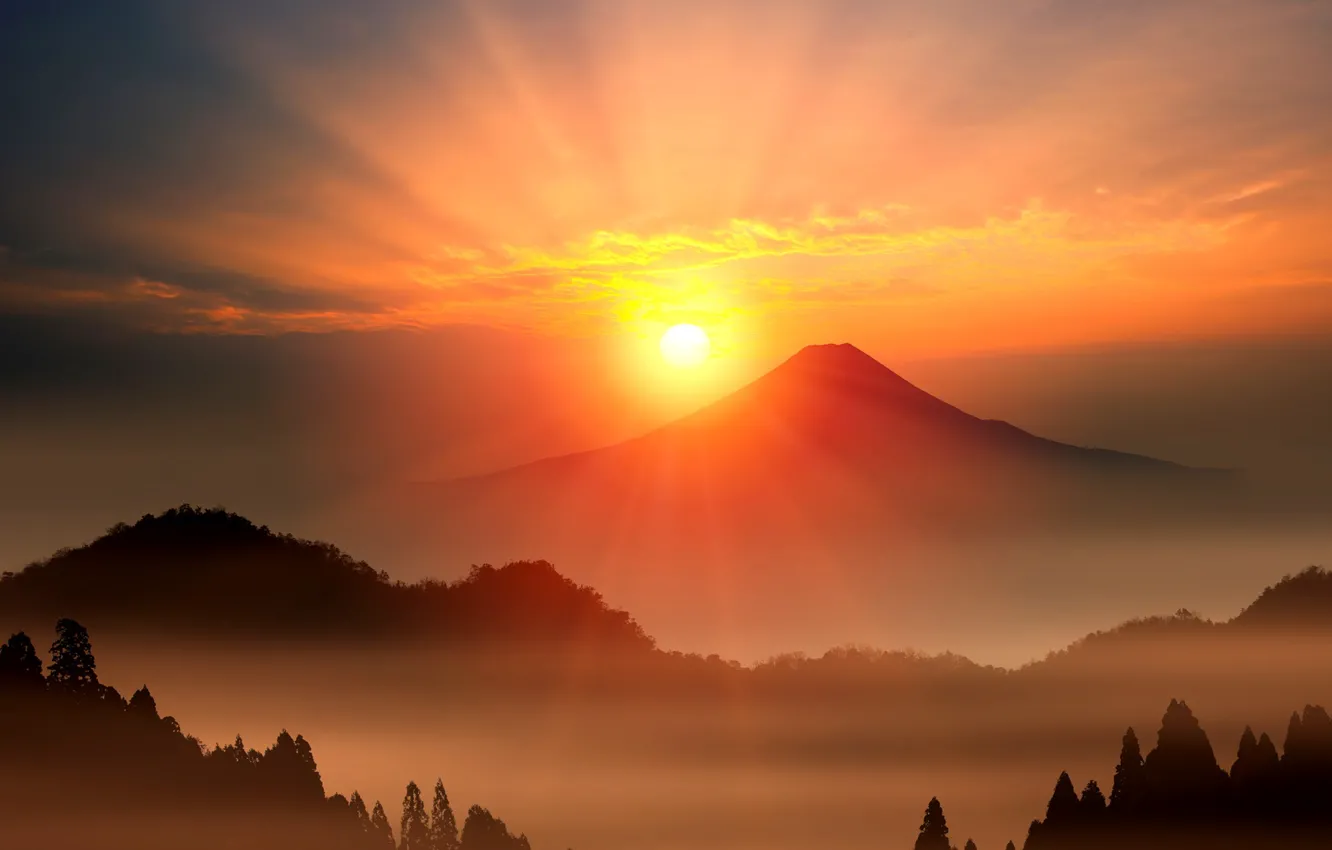 Photo wallpaper the sun, dawn, mountain, the volcano, Japan, Fuji