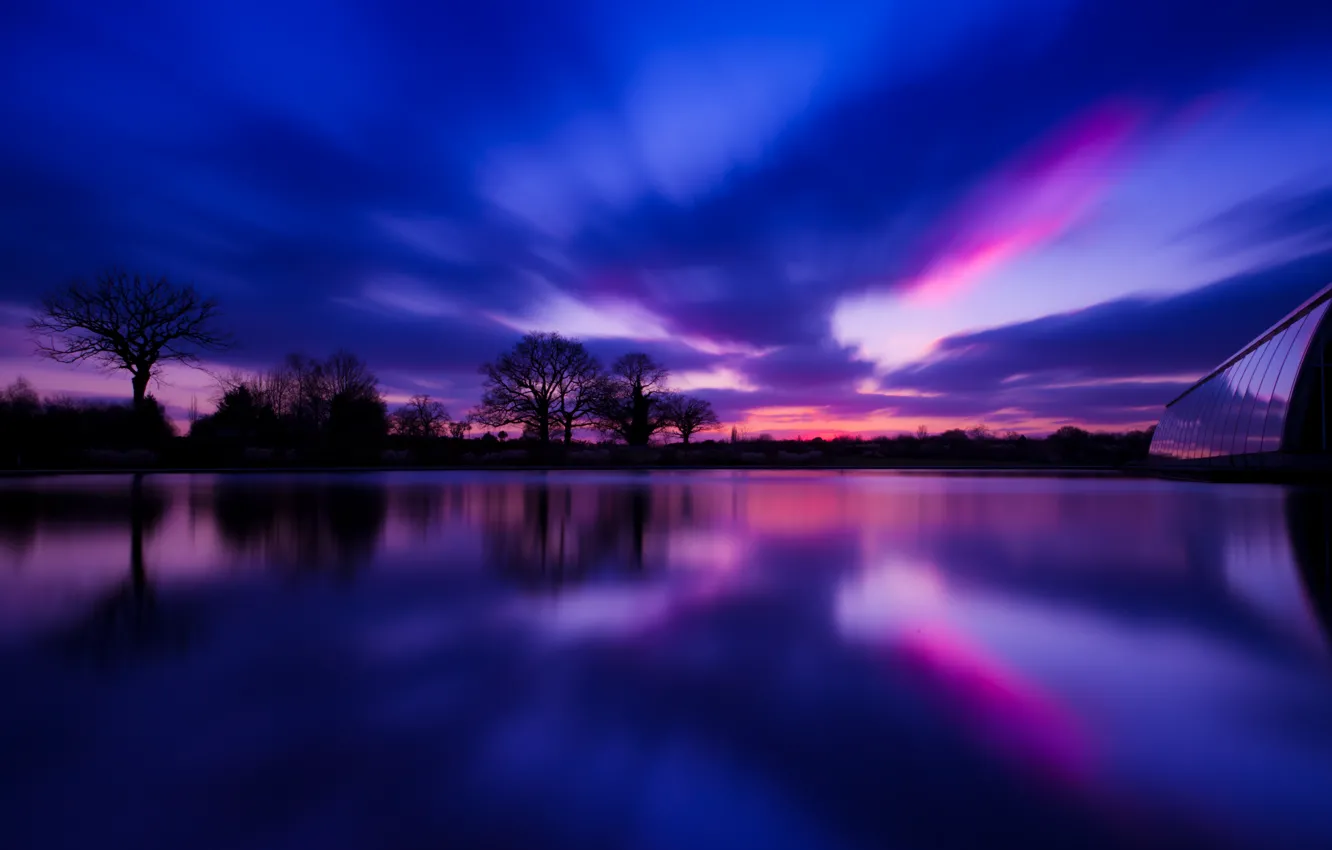 Photo wallpaper trees, sunset, reflection, river, England, the evening, village, UK