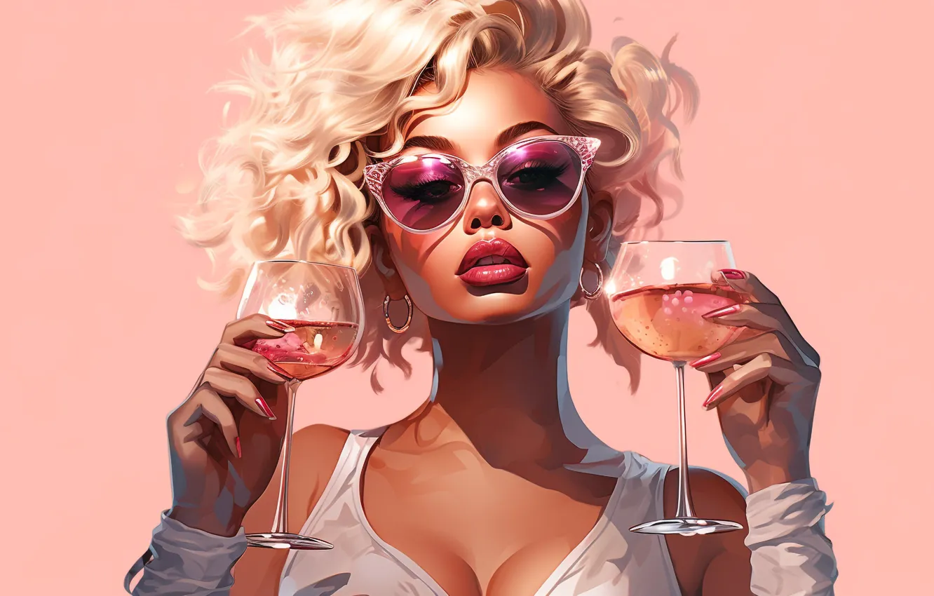 Photo wallpaper girl, wine, glass, blonde, sunglasses, AI art, The Art of Artificial Intelligence, the image of …