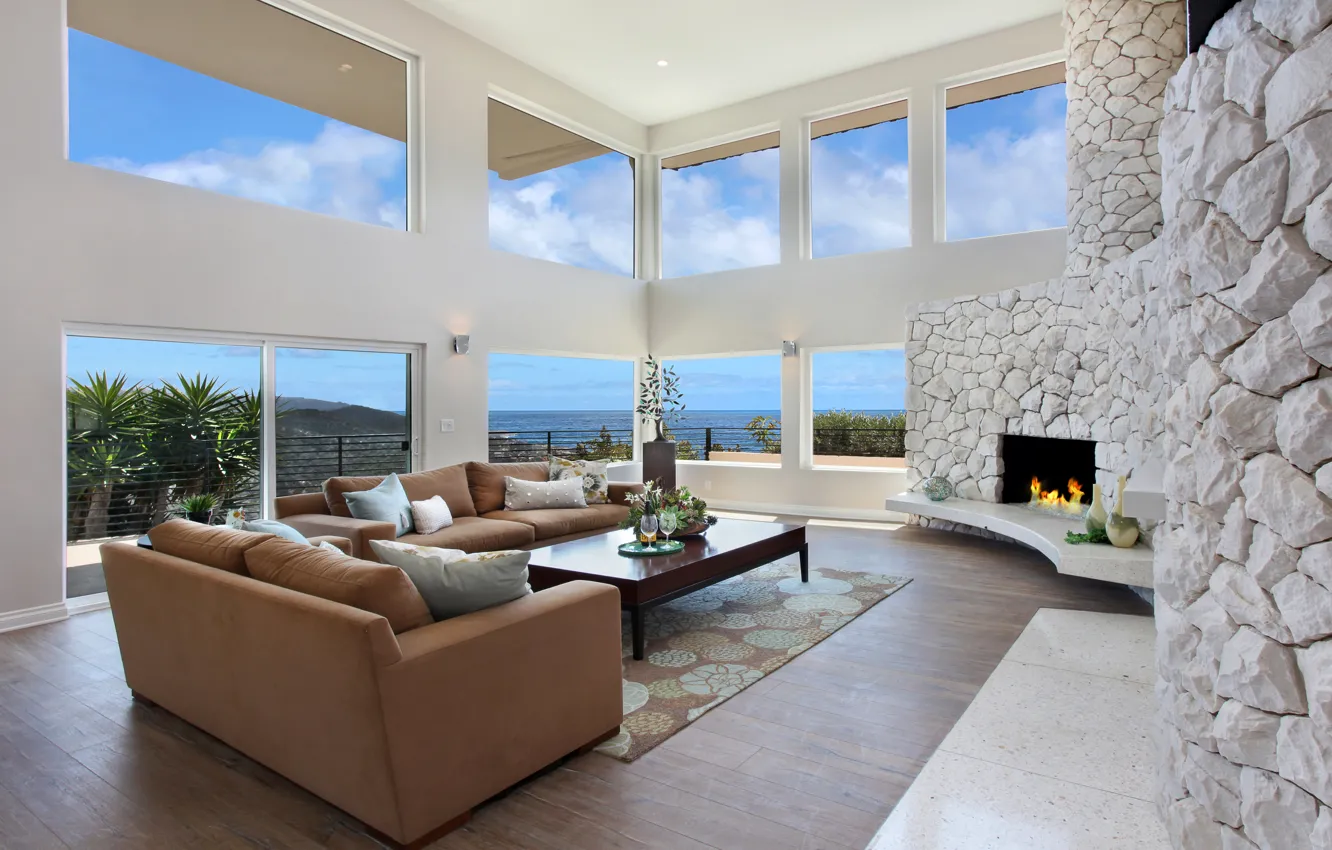 Photo wallpaper design, photo, sofa, interior, fireplace, living room