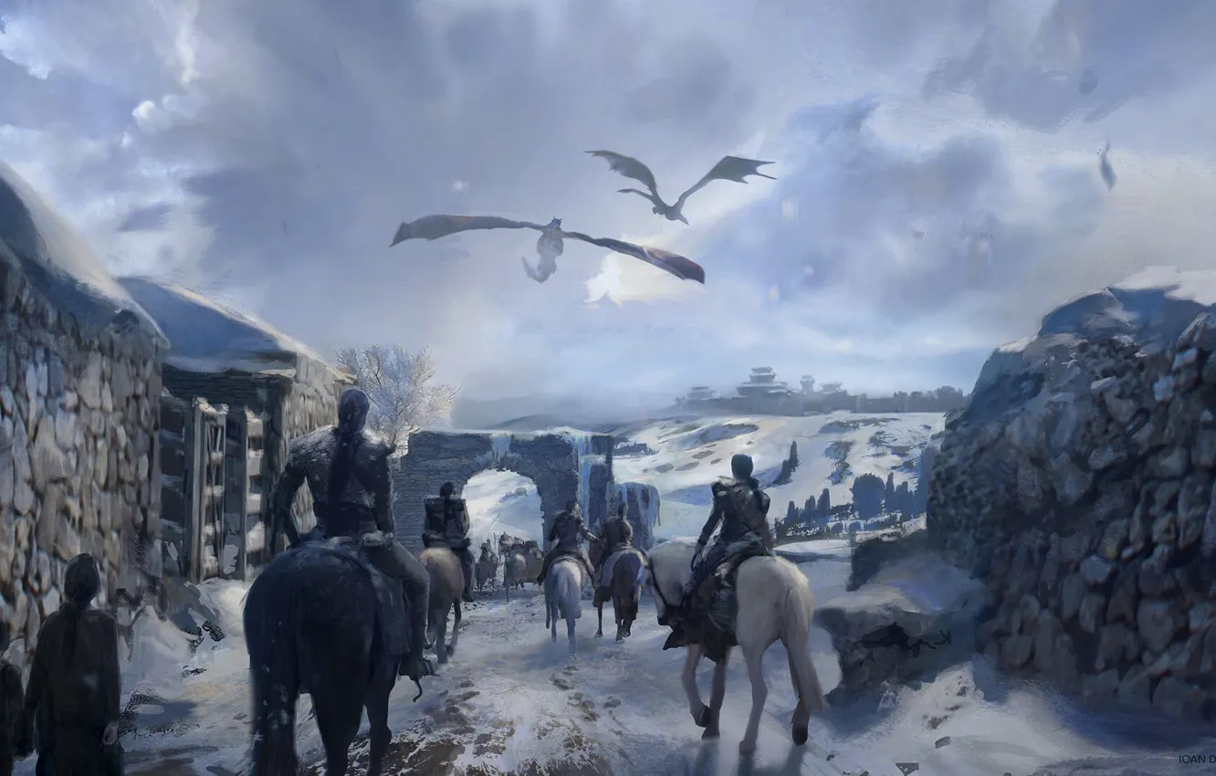 Photo wallpaper fantasy, winter, snow, horses, Game of Thrones, Winterfell, artwork, fantasy art