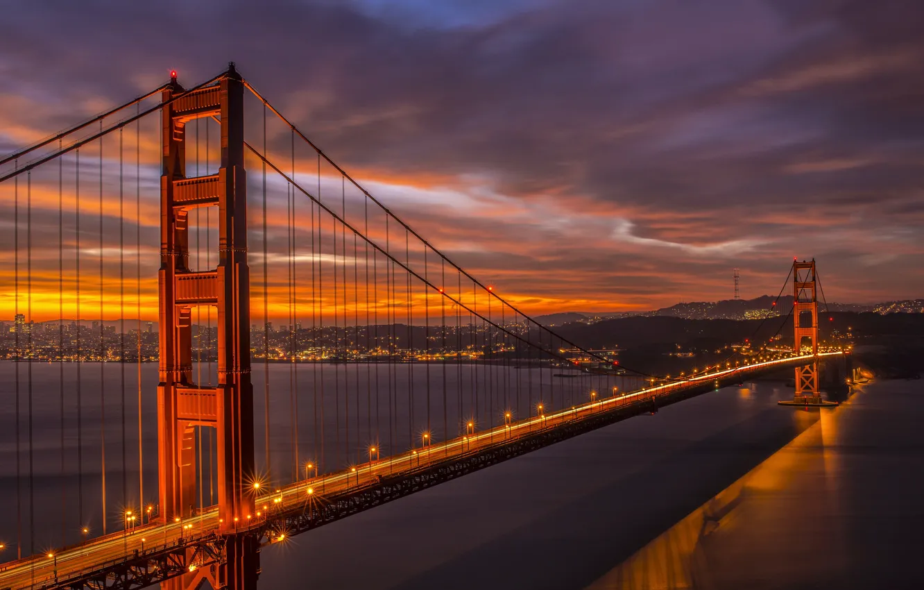 Photo wallpaper bridge, lights, the evening, CA, San Francisco, Golden Gate, twilight