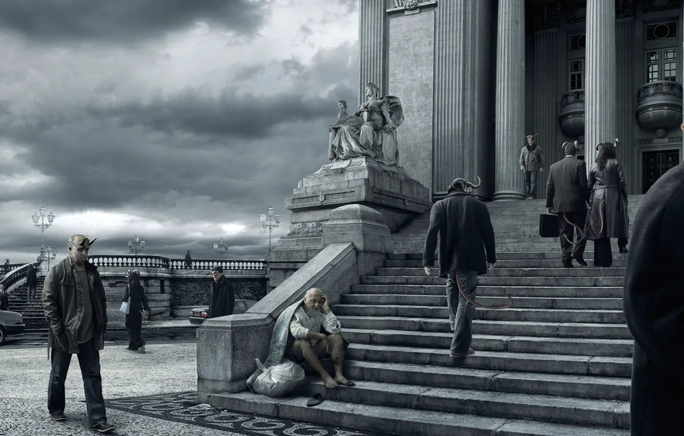 Photo wallpaper machine, clouds, monster