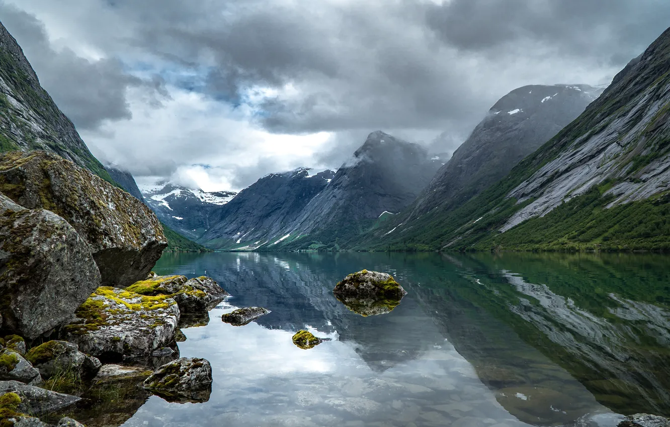 Photo wallpaper mountains, lake, moss