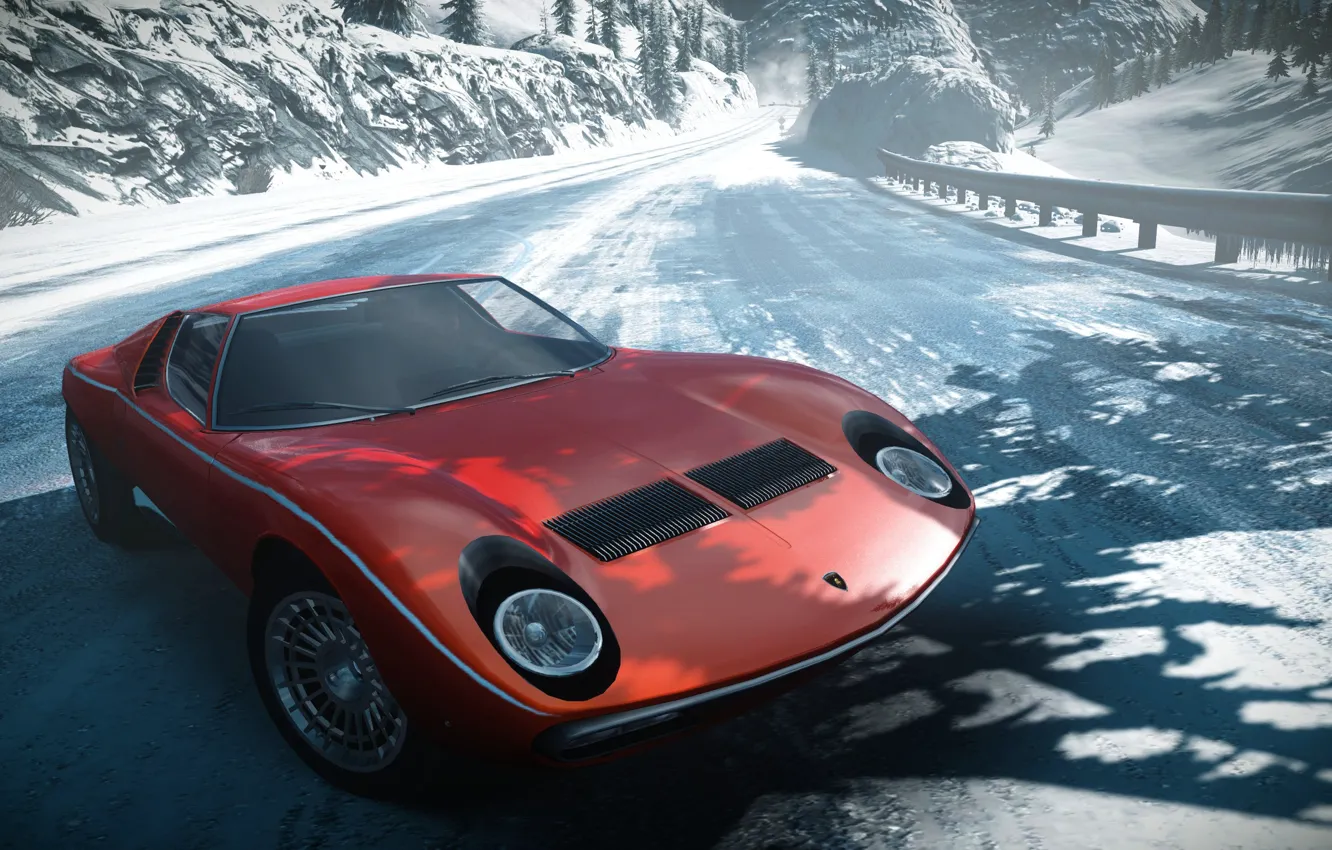 Photo wallpaper snow, mountains, race, lights, sports car, classic, Need for Speed The Run, Lamborghini Miura SV