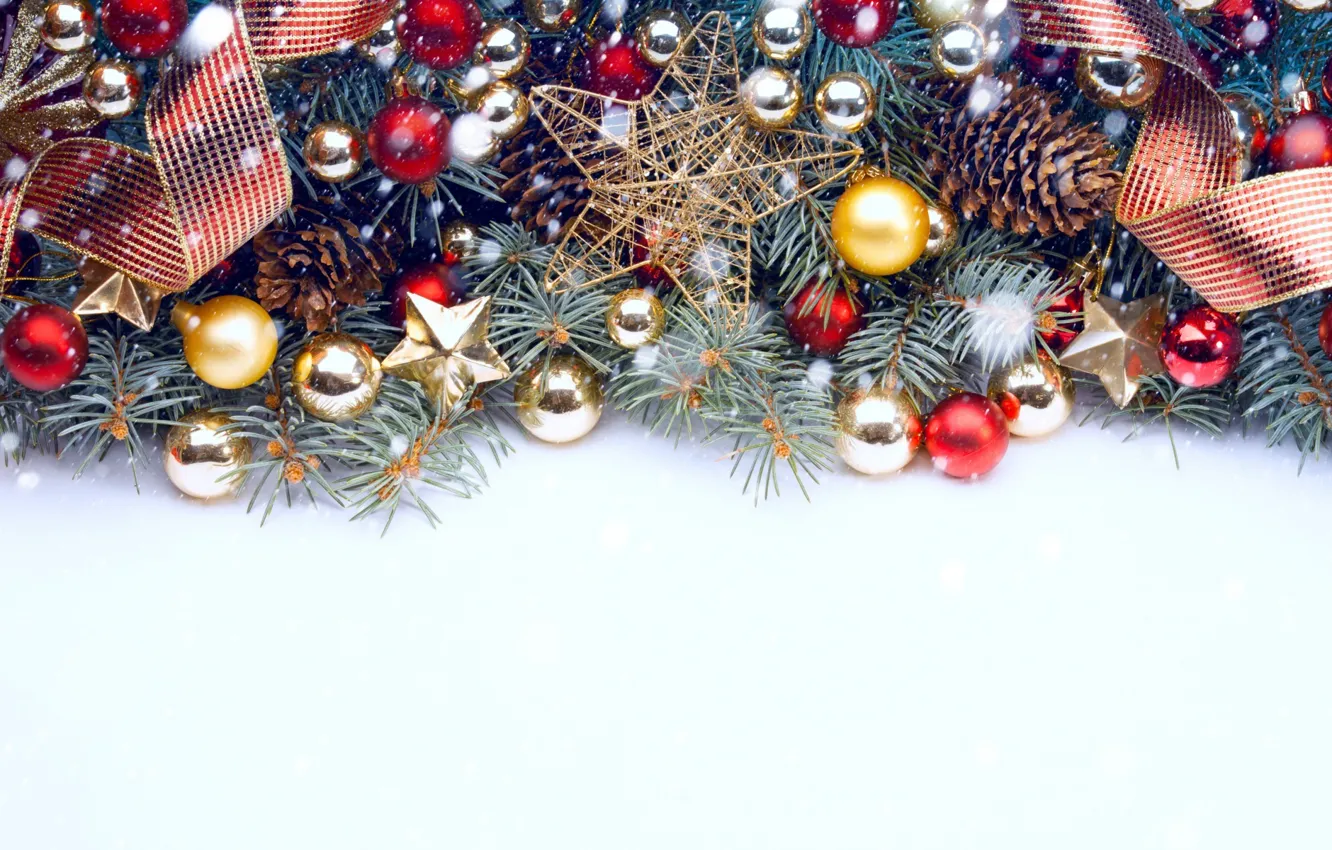 Photo wallpaper branches, holiday, new year, spruce, Christmas balls