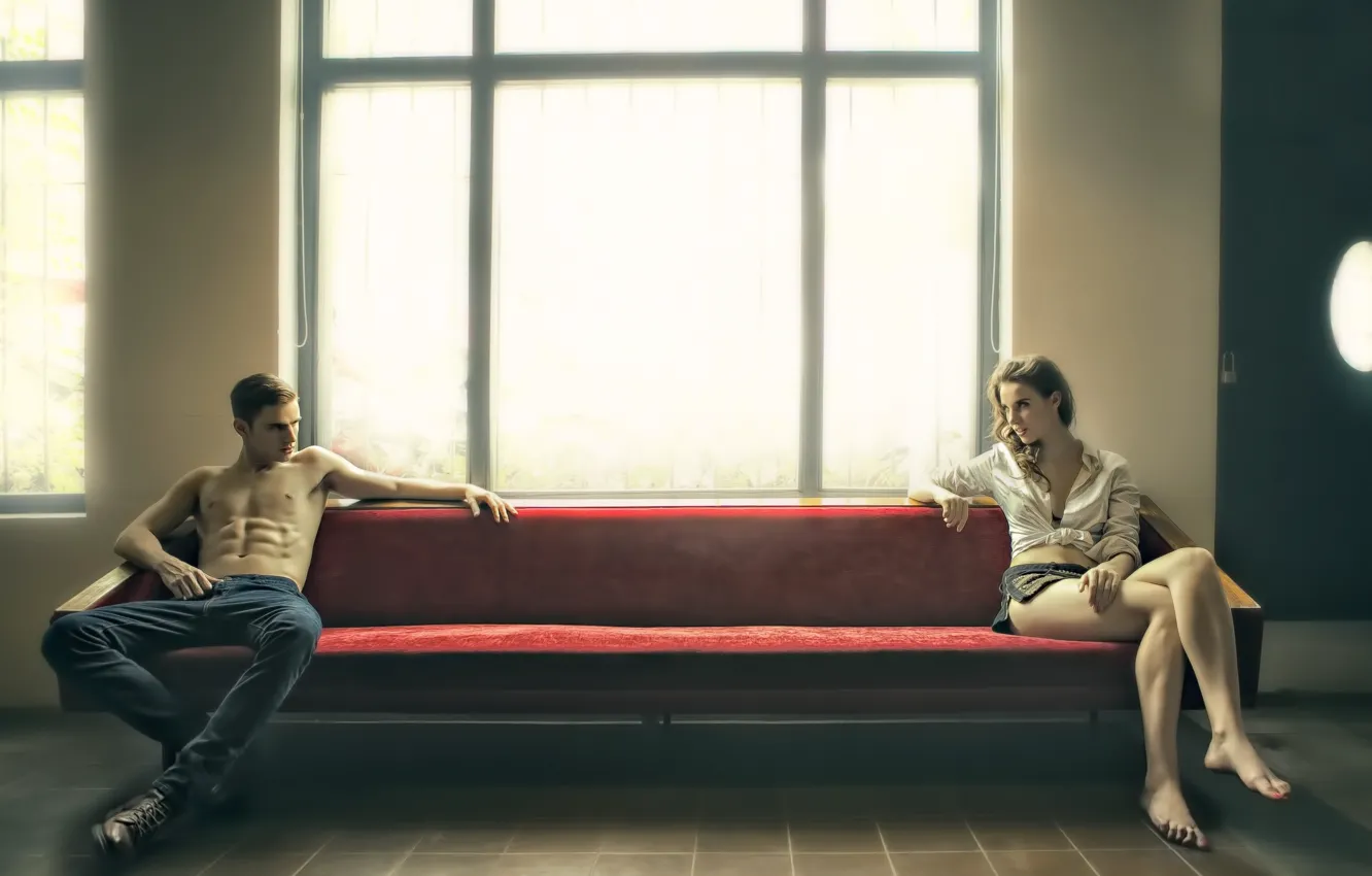 Photo wallpaper girl, sofa, guy