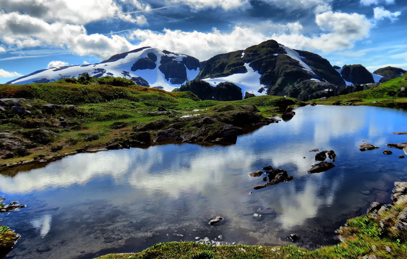 Photo wallpaper water, clouds, snow, mountains, nature, lake, reflection, stones