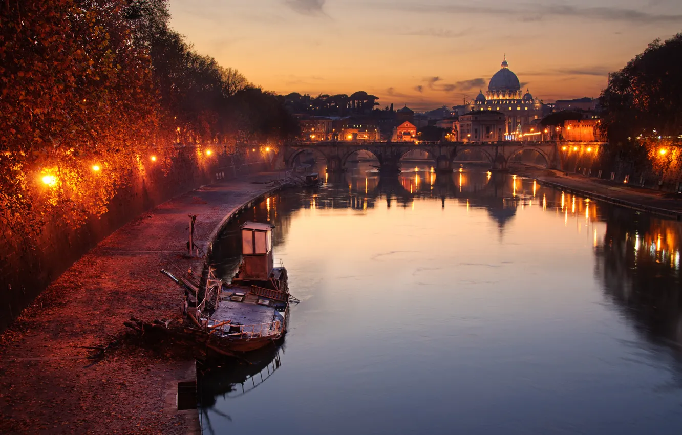 Photo wallpaper the sky, clouds, sunset, reflection, lamp, boat, mirror, Rome