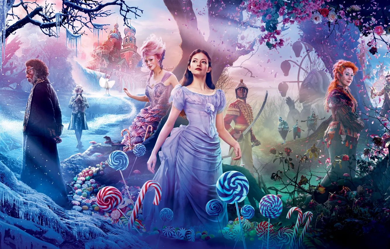 Photo wallpaper Keira Knightley, 2018, Morgan Freeman, Mackenzie Foy, Ellie Bamber, Helen Mirren, The Nutcracker and the …