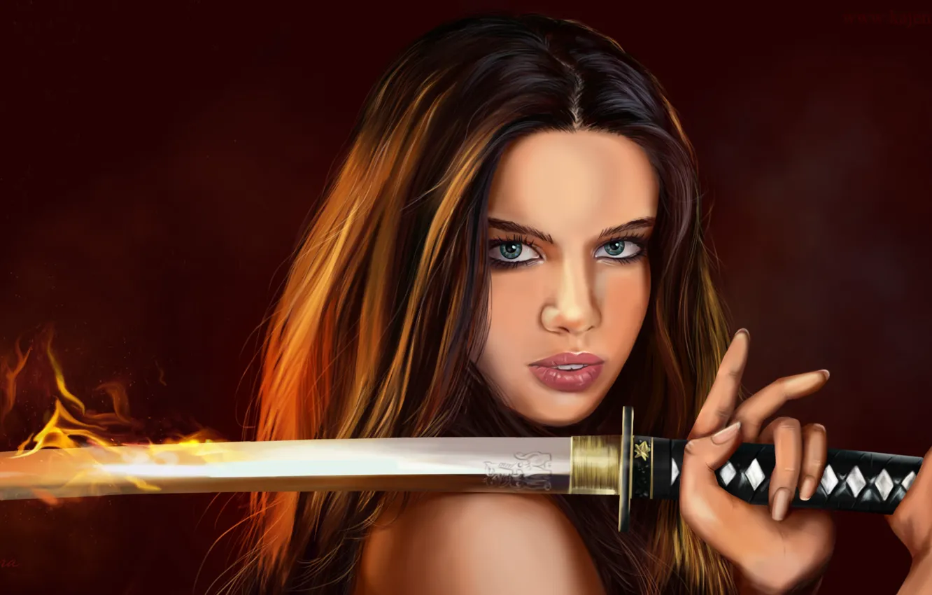 Photo wallpaper eyes, look, girl, face, lights, weapons, hair, katana