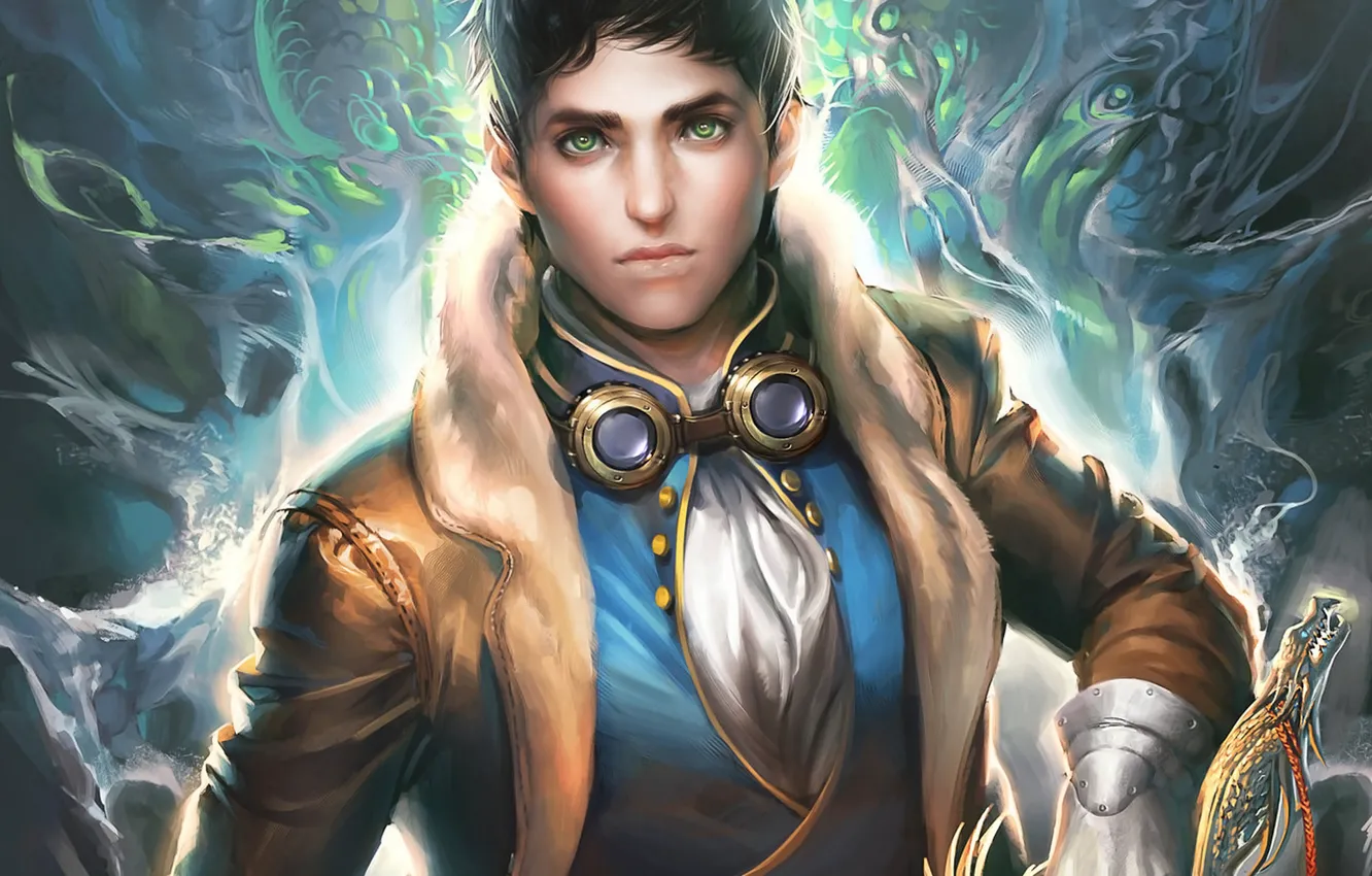 Photo wallpaper weapons, magic, dragon, sword, art, glasses, guy, the handle