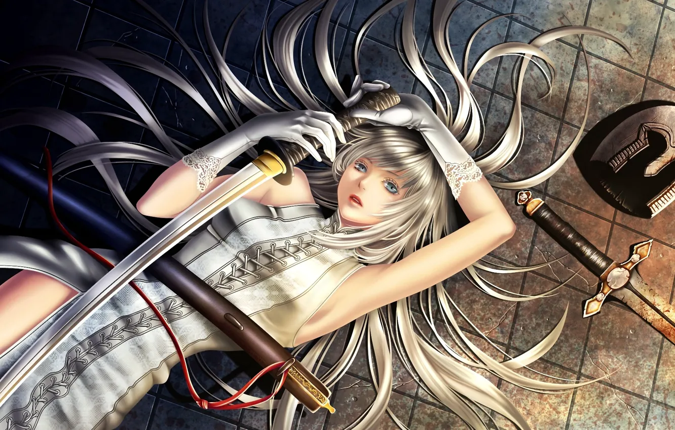 Photo wallpaper girl, hair, sword, katana, art, gloves, helmet, on the floor