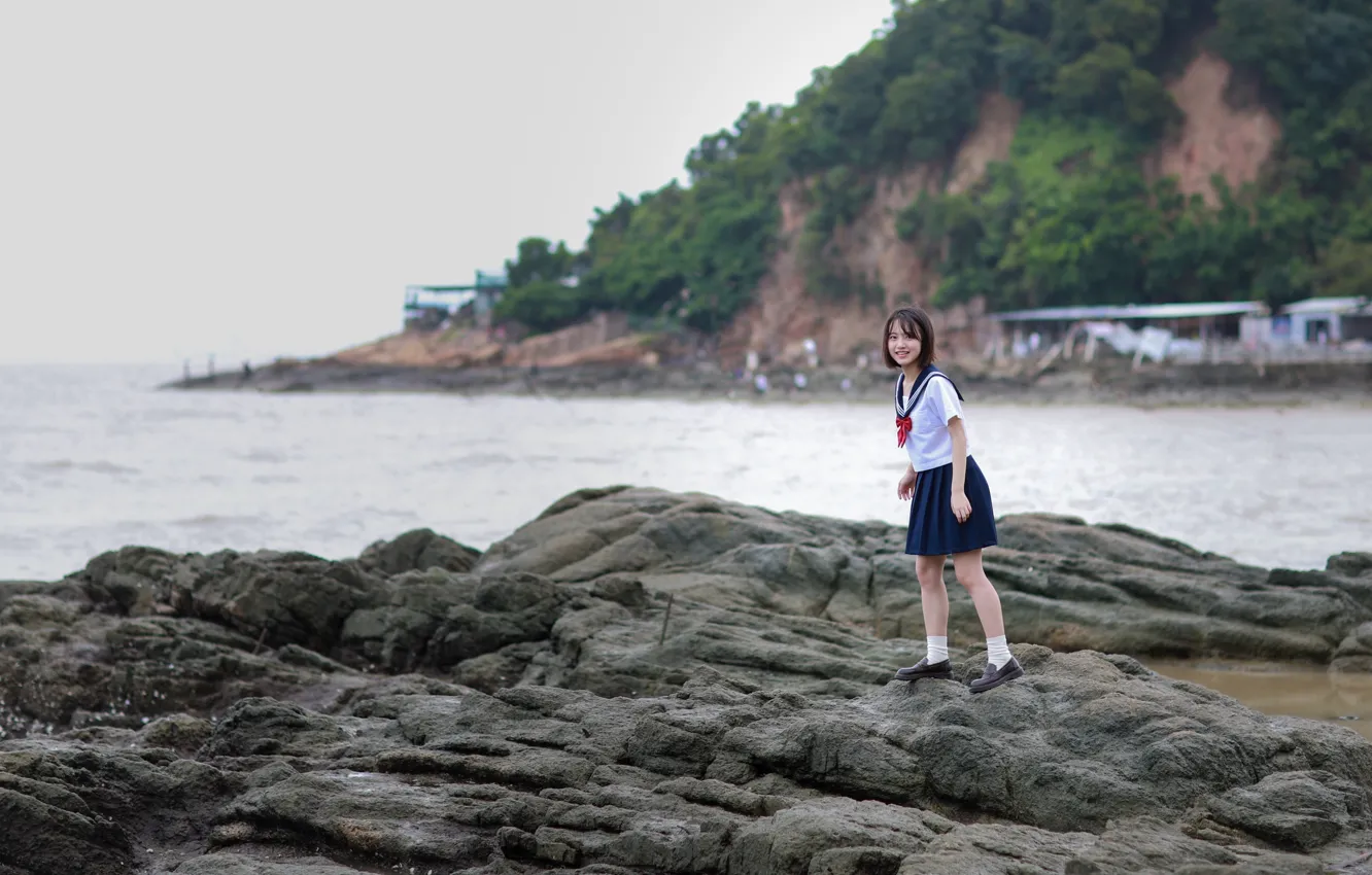 Photo wallpaper beach, woman, model, pretty, shore, asian, japanese, uniform