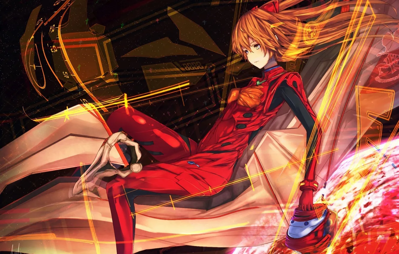 Photo wallpaper girl, abstraction, art, helmet, cabin, Neon Genesis Evangelion, soryu asuka langley, sitting