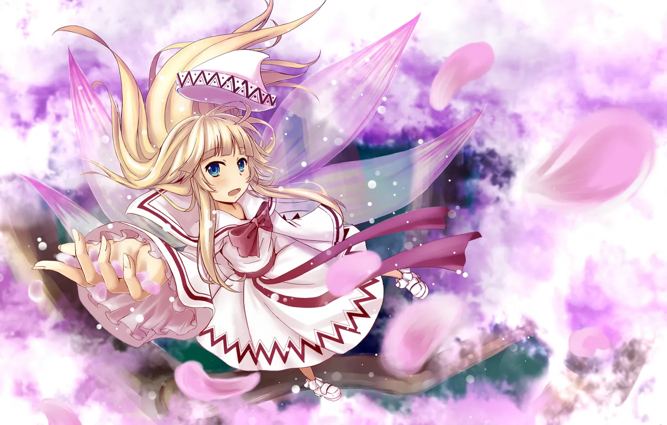 Photo wallpaper girl, flight, wings, Sakura, gesture, touhou, art, sola7764