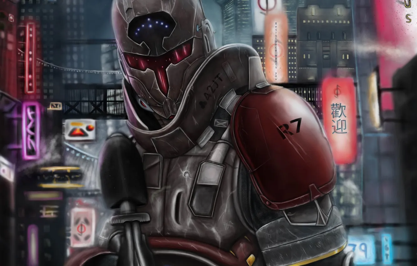 Photo wallpaper the city, weapons, art, soldiers, helmet, armor, sign