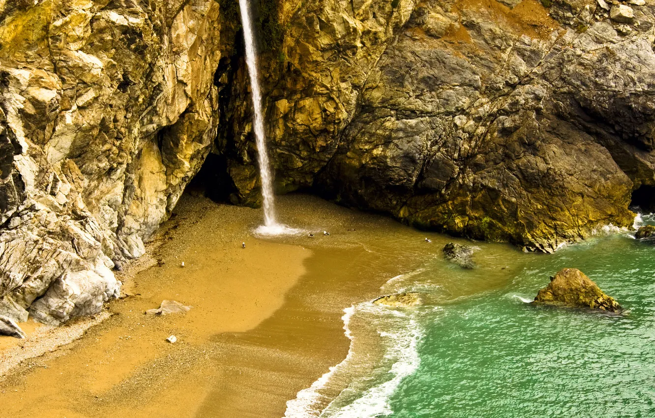 Photo wallpaper sand, beach, water, landscape, photo, rocks, shore, waterfall