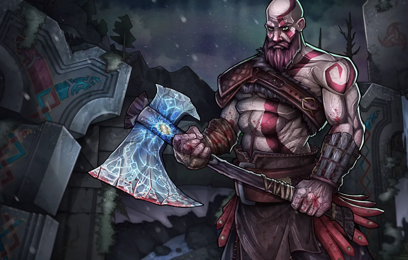 Photo wallpaper game, blizzard, Kratos, God of War, snow, man, spartan, god