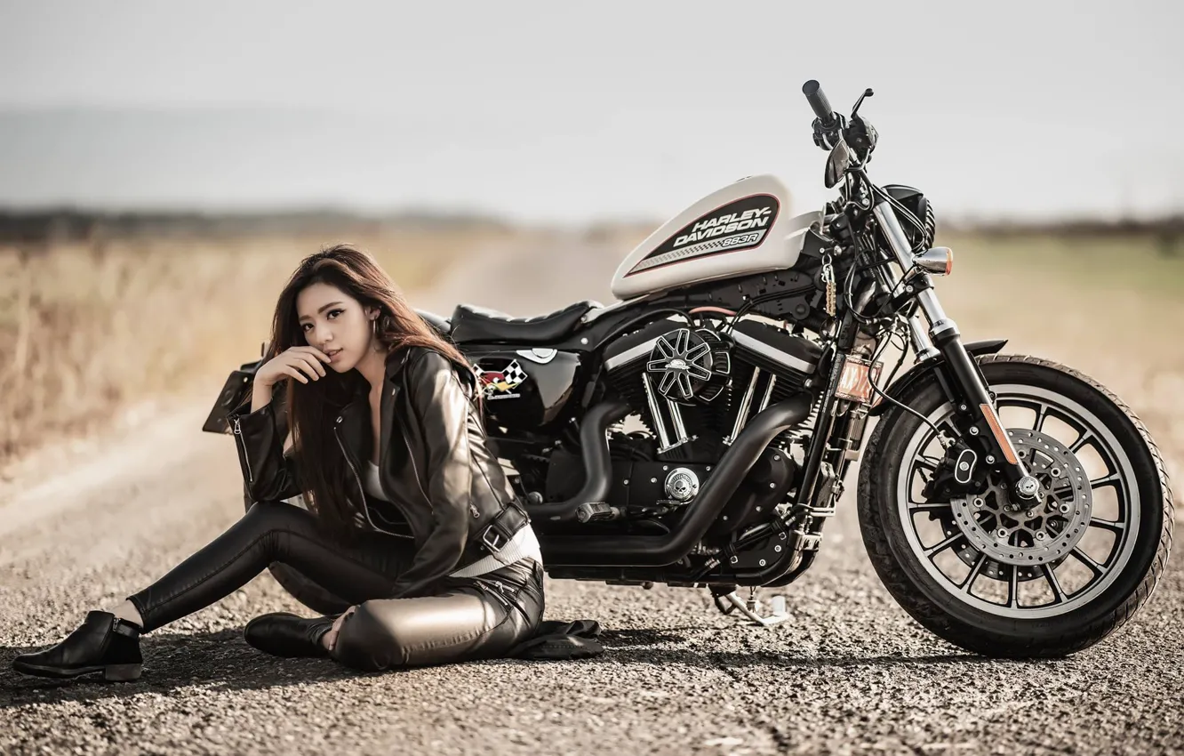 Photo wallpaper road, girl, face, pose, style, motorcycle, bike, sitting