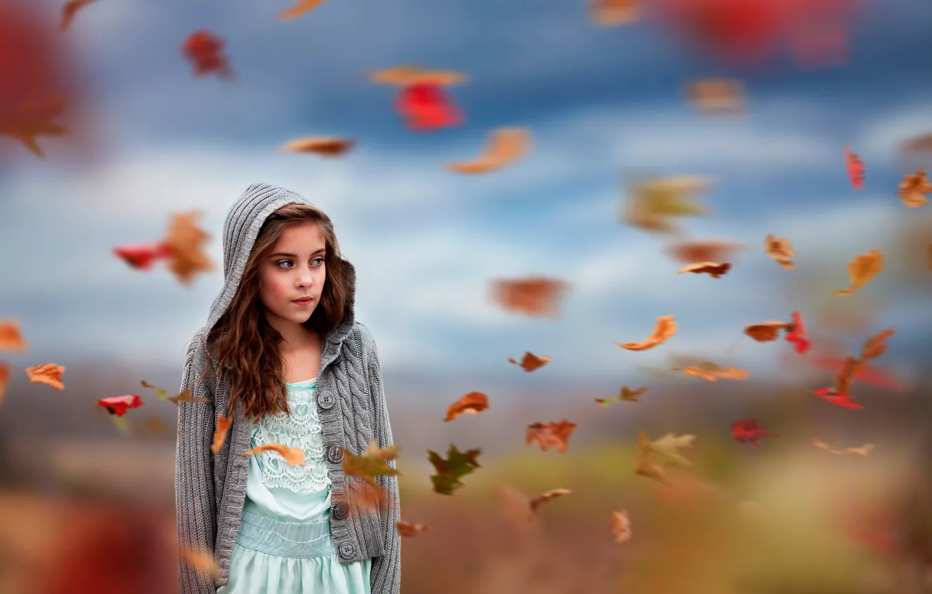 Photo wallpaper autumn, leaves, the wind, girl, Flurry