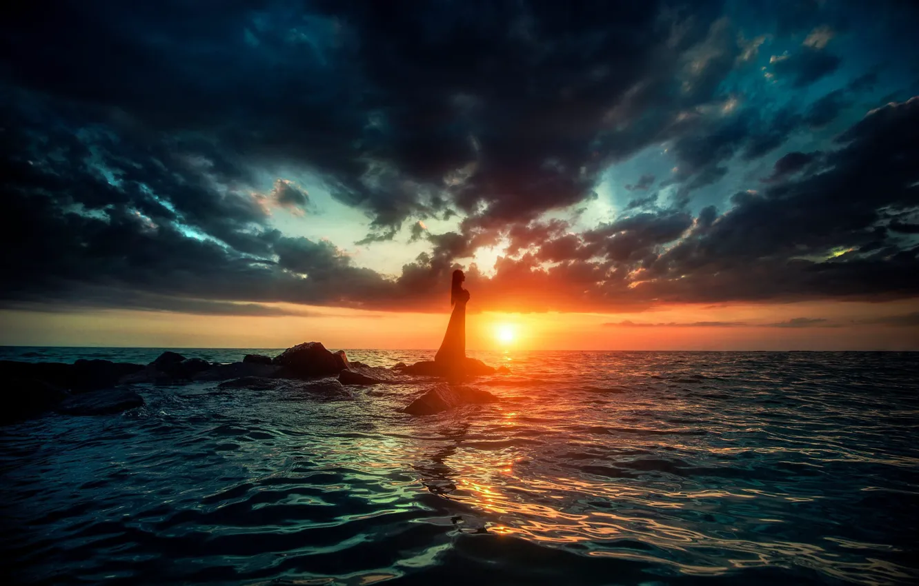 Photo wallpaper sea, the sky, clouds, mood, dawn, dress, horizon, silhouette
