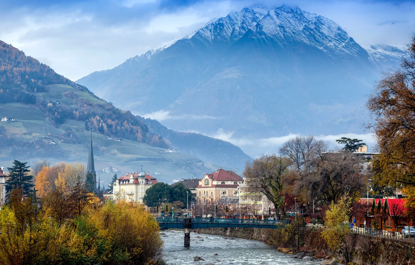 Photo wallpaper trees, mountains, bridge, the city, fog, river, home, spire