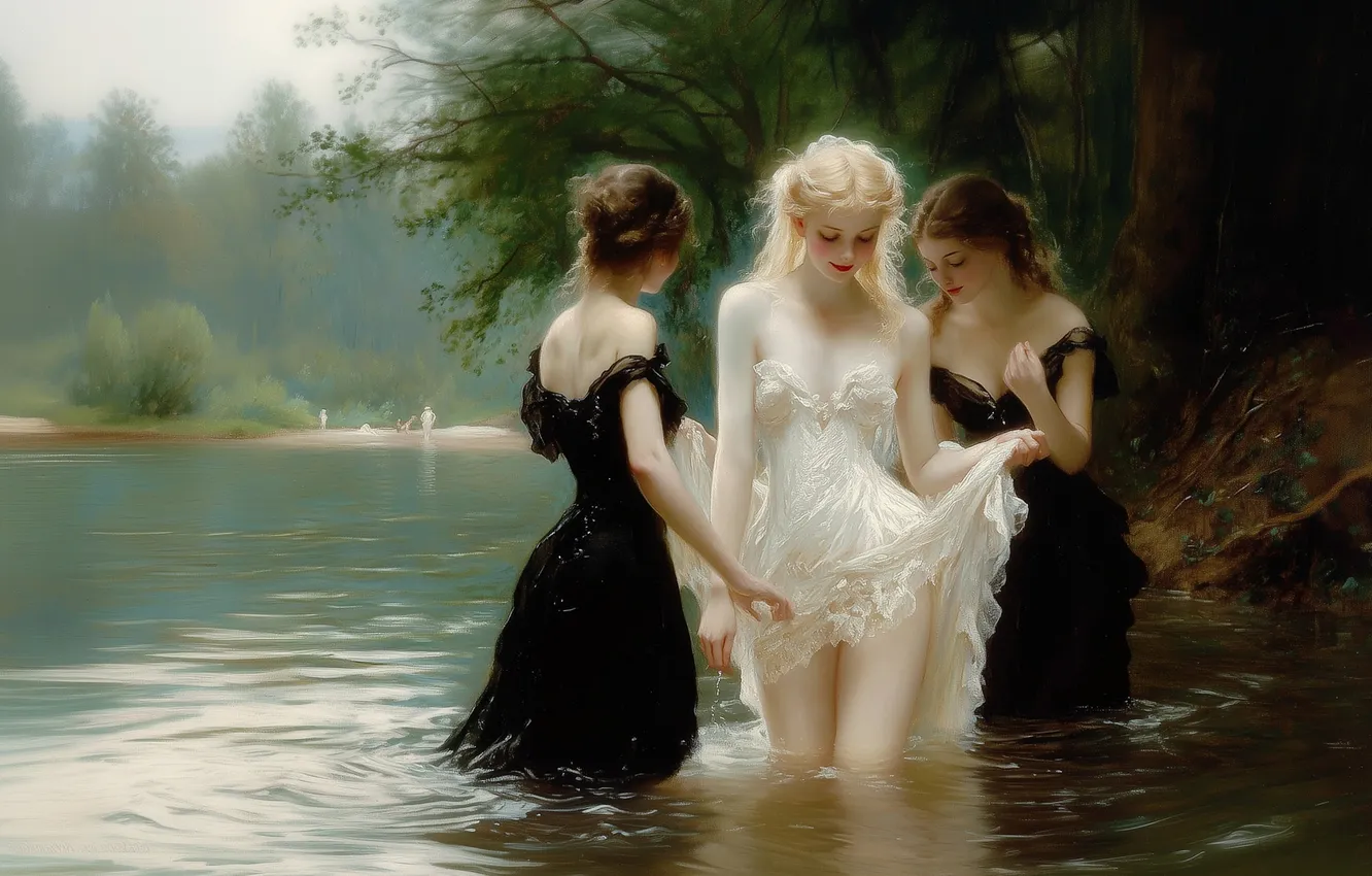 Photo wallpaper summer, girl, trees, pose, lake, bathing, blonde, brown hair