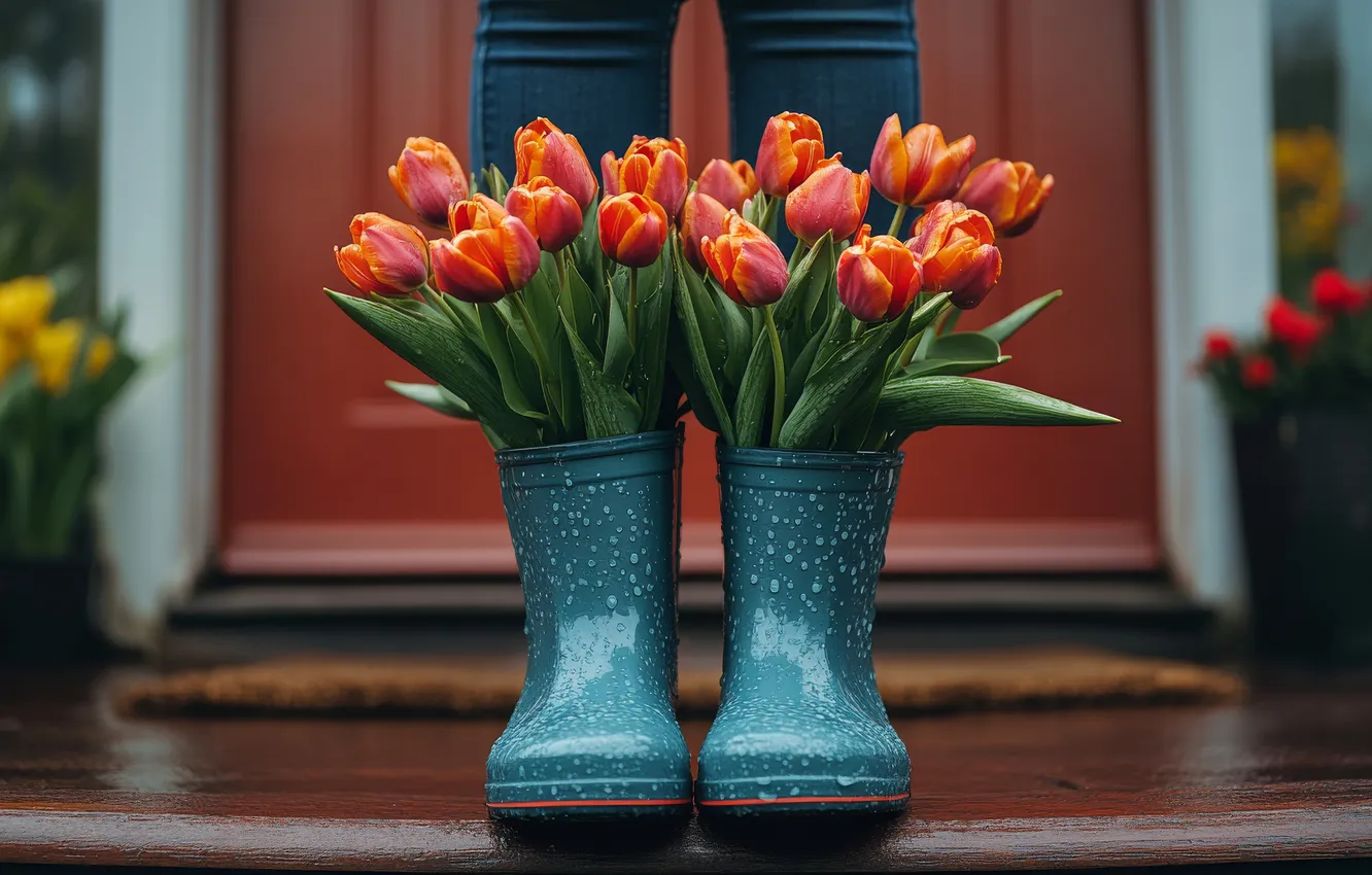 Wallpaper leaves, flowers, house, bouquet, spring, boots, door, the ...