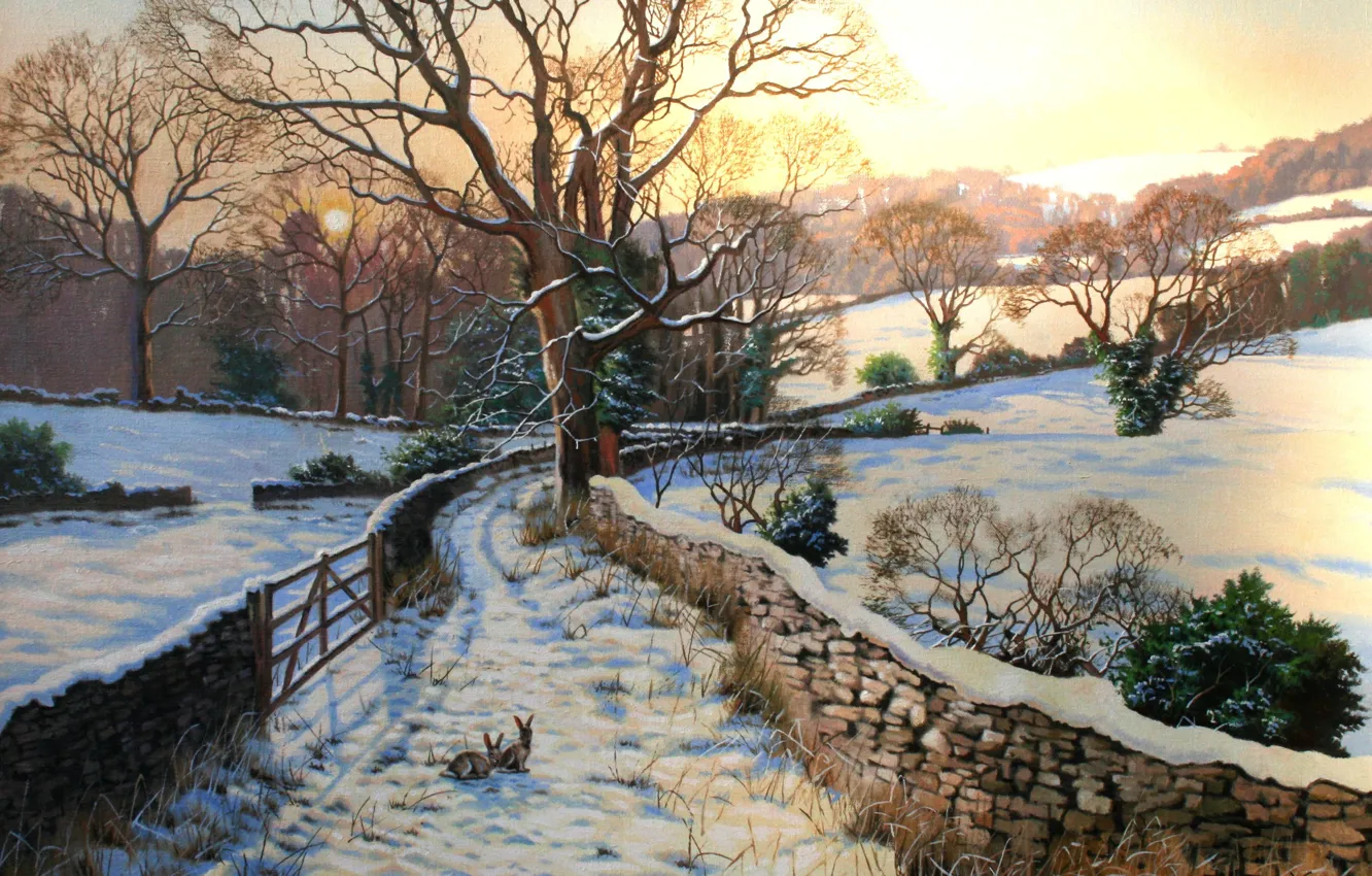 Photo wallpaper winter, animal, figure, hare, picture, rabbit, art, fences snow