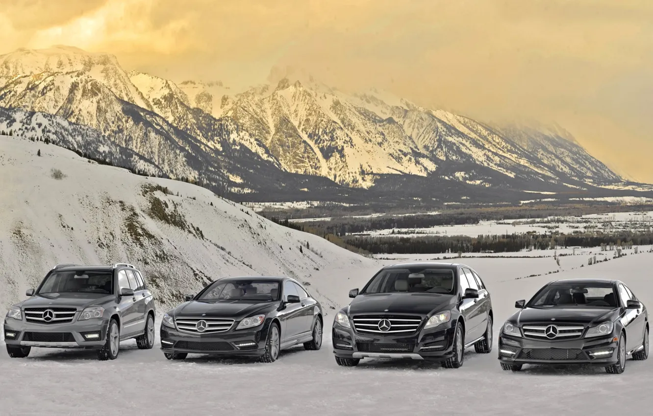 Photo wallpaper snow, mountains, mercedes-benz, Mercedes, mixed, lineup, C-class, R-class